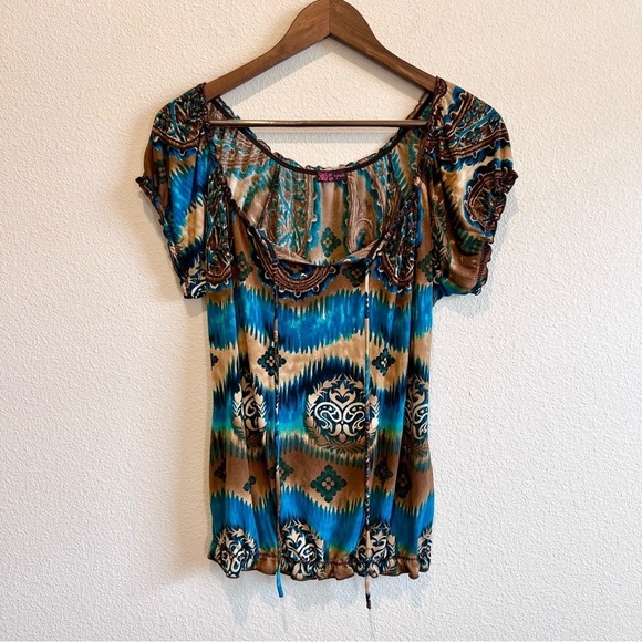 Y2K Vintage Teal Brown Boho Top Medium Tie Neck Peasant Blouse Retro Stretch - Picture 1 of 8